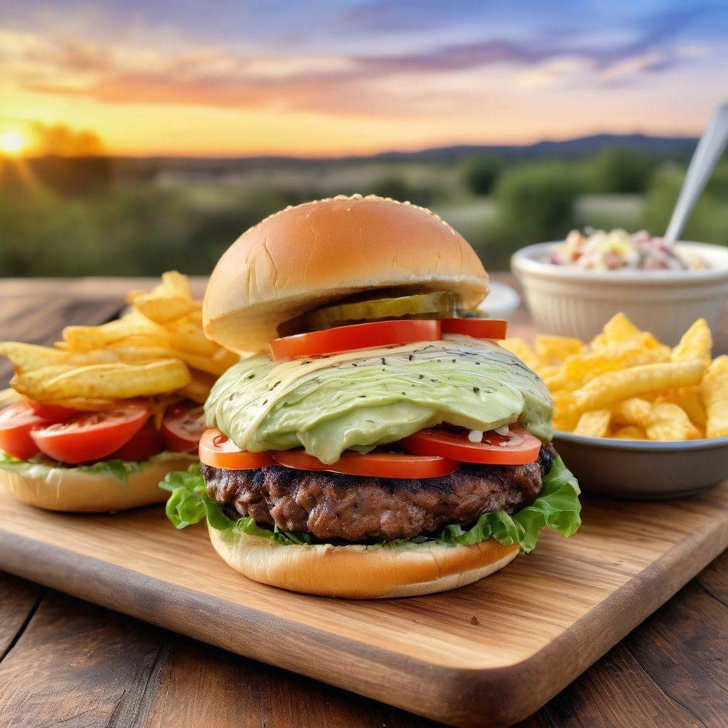 A mouthwatering Texan burger, juicy and piled high with fresh toppings, set against a rustic wooden table. Surround the burger with traditional Southern side dishes like creamy coleslaw and crispy fried pickles, drizzled with a homemade BBQ sauce. The background features a warm sunset over a Texas landscape, creating a cozy atmosphere. Emphasize the colors of the food and textures for a sumptuous look. super-realistic. vibrant colors.