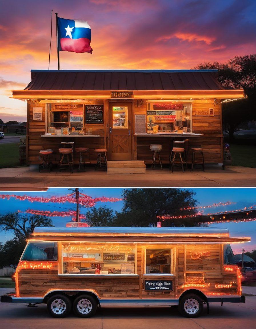 A colorful collage featuring a classic Texan food truck with a vibrant menu sign, alongside a cozy diner adorned with neon lights, showcasing dishes like brisket, tacos, and pecan pie. The setting should include a sunset backdrop with Texas flag motifs and rustic wood elements, evoking a warm, inviting atmosphere. super-realistic. vibrant colors. warm tones.